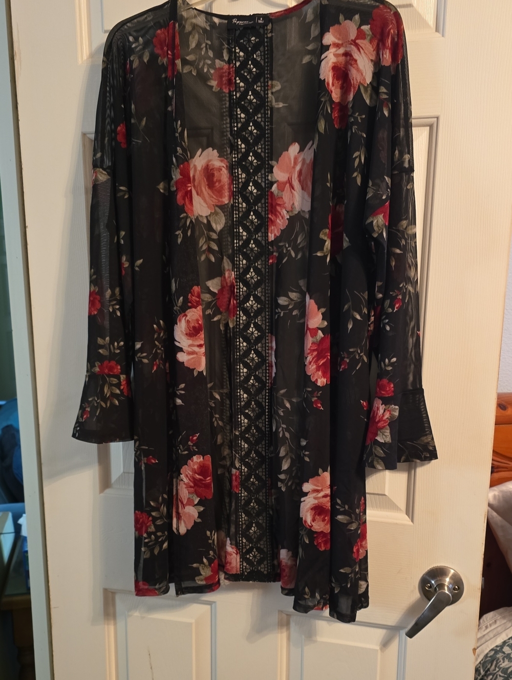 Papaya Black Floral Mesh Kimono Cardigan with Red & Blush Roses